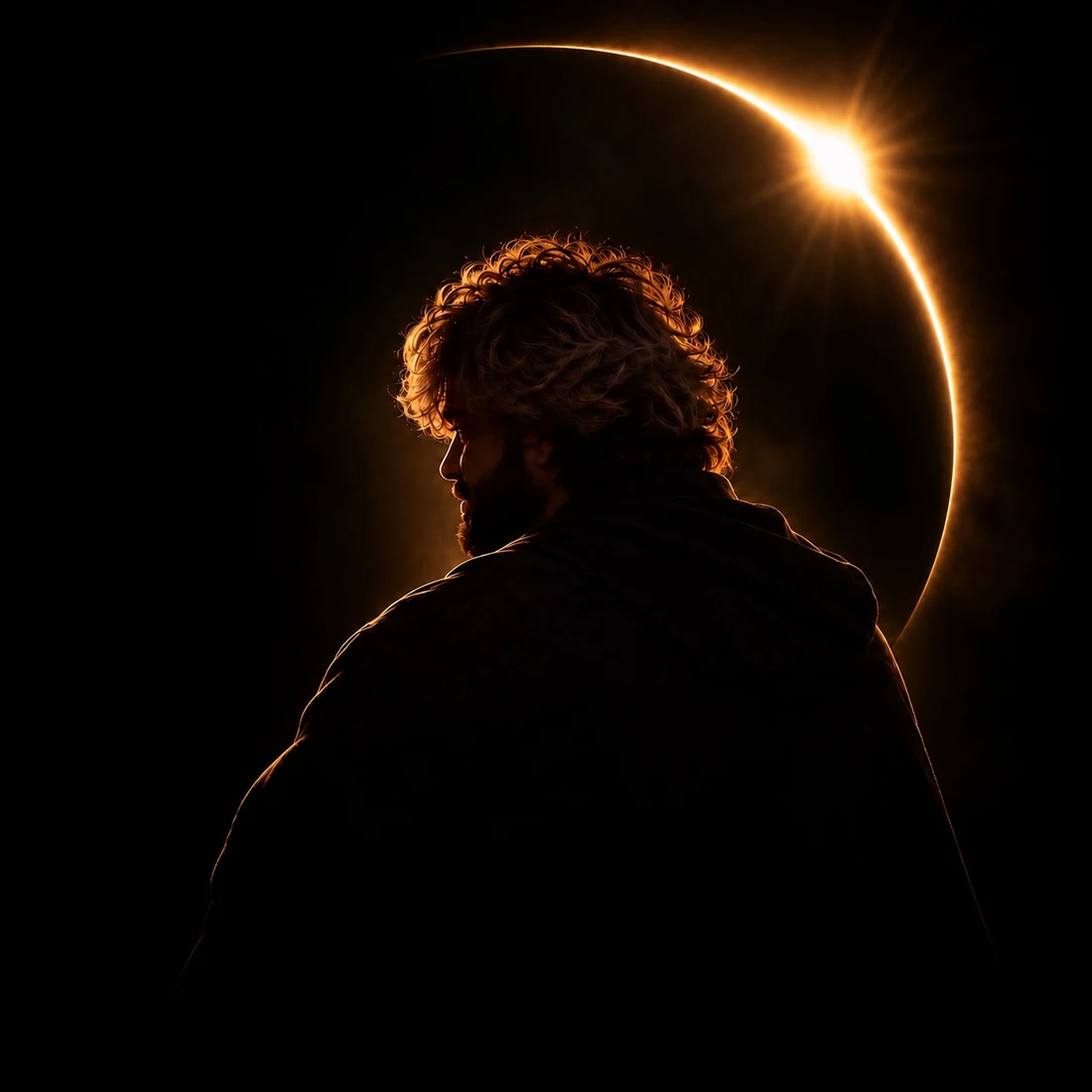 A hooded VEEROXX figure against a dark golden eclipse
